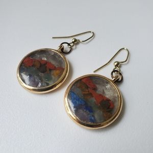 Earrings dangling drop gold Tone and multicolor red blue green round